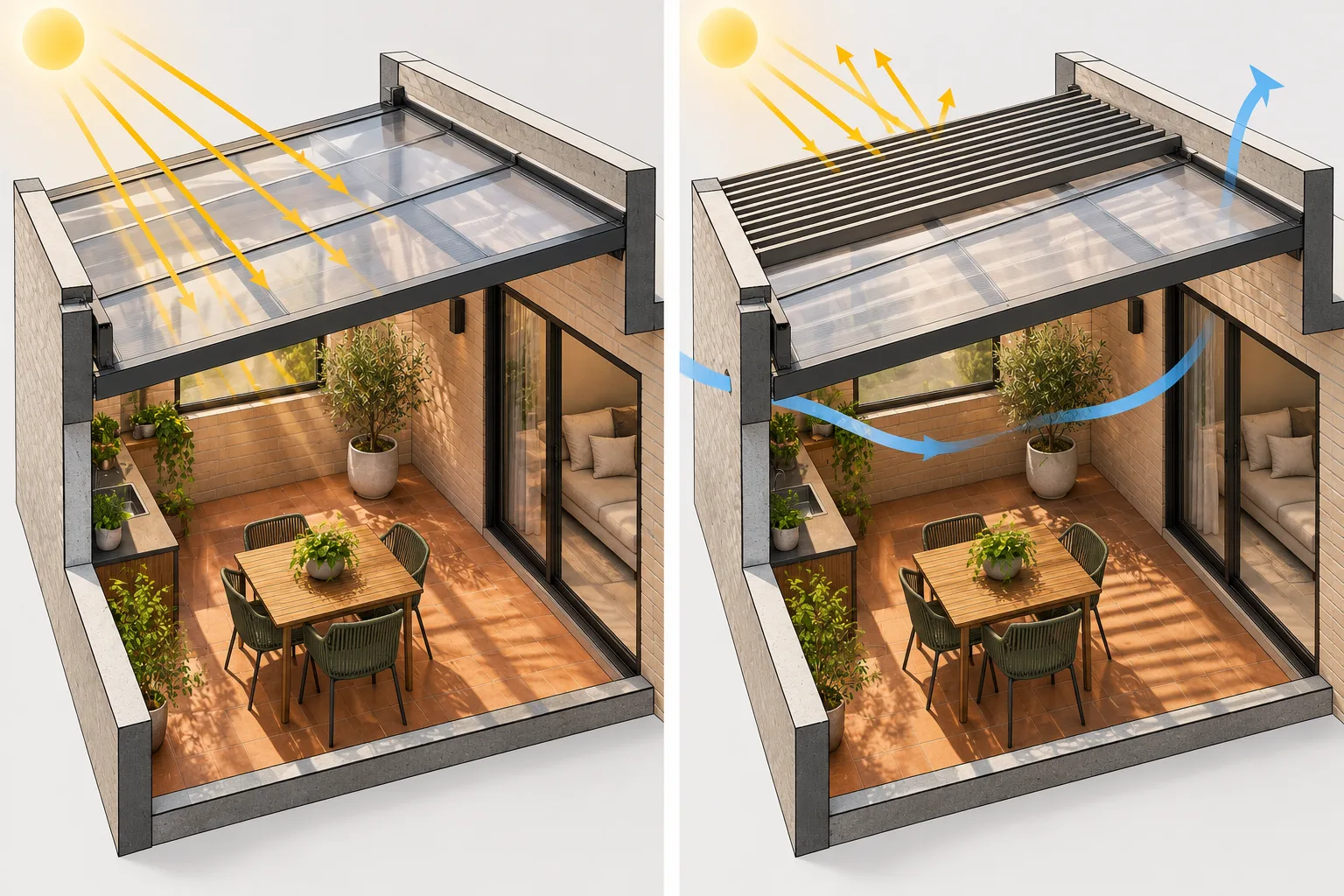 6 escolhas que parecem refrescar a casa, mas podem aumentar o calor 3 Corte axonométrico de pátio com cobertura translúcida, incidência solar e alternativa de sombreamento.