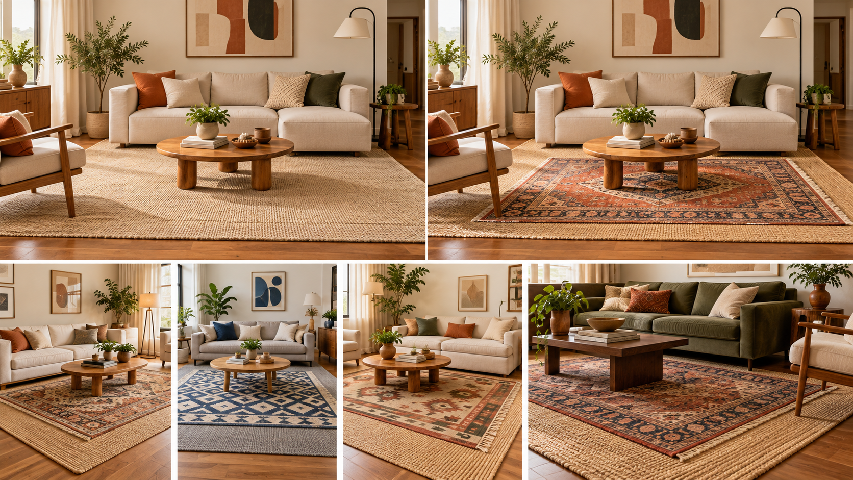 Um tapete sobre o outro? A ideia que parecia errada está mudando a decoração das salas 1 Três salas decoradas com tapetes sobrepostos: modelo vintage terracota sobre fibra natural, tapete geométrico azul sobre base cinza e estampa terrosa sobre tapete bege.