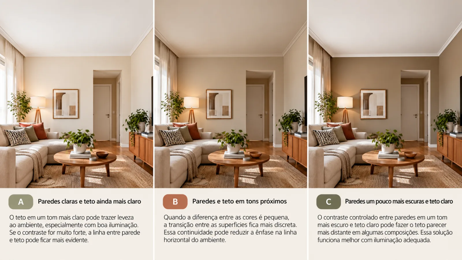 A parede é clara, mas o teto parece baixo? Veja 3 combinações de cores que podem mudar esta sensação 6 Comparação da mesma sala em três versões: teto mais claro, paredes e teto em tons próximos e paredes mais escuras com teto claro.