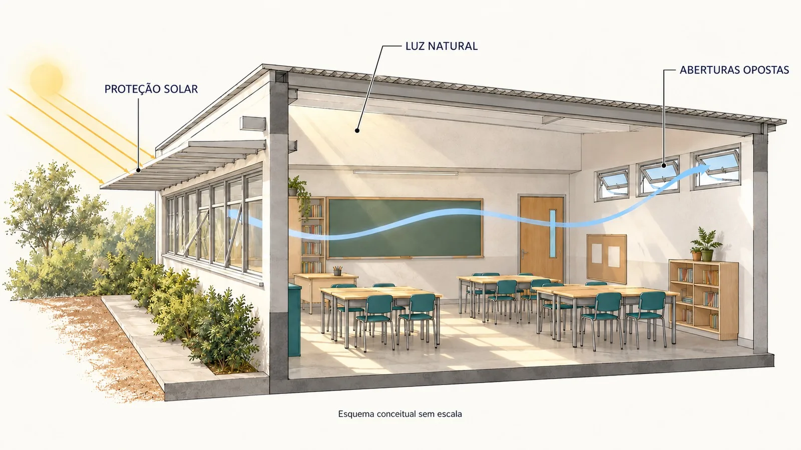 Arquitetura escolar: como planejar espaços de ensino 3 Ilustração em corte de sala de aula com proteção solar externa, janelas opostas e seta esquemática de ventilação.
