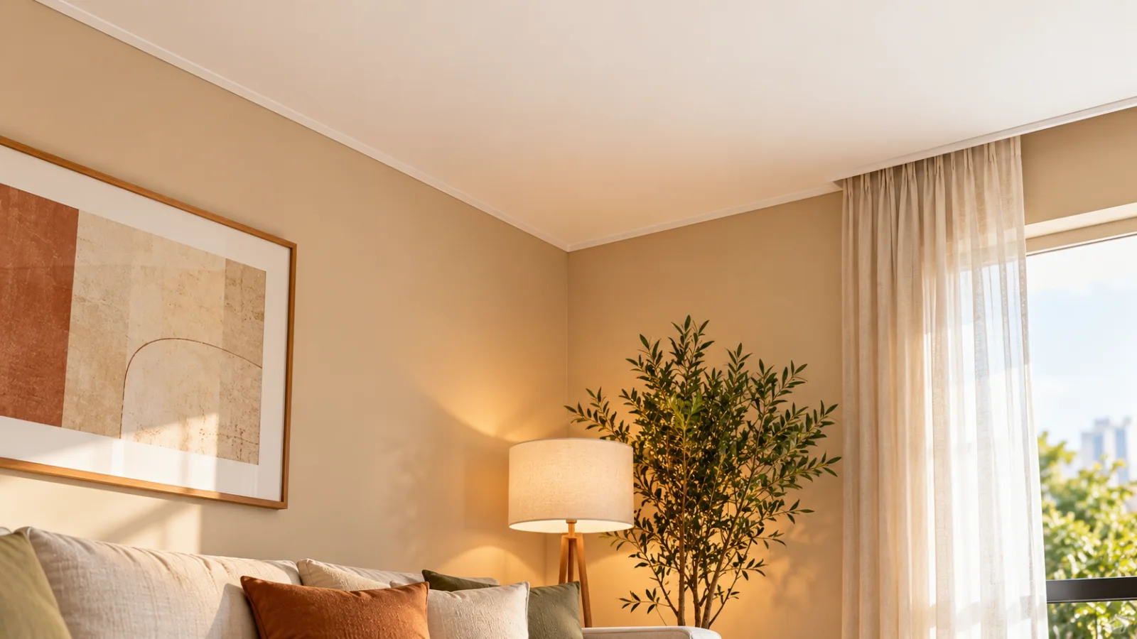 A parede é clara, mas o teto parece baixo? Veja 3 combinações de cores que podem mudar esta sensação 1 Detalhe de sala com parede bege-clara, teto branco e linha horizontal visível entre as superfícies