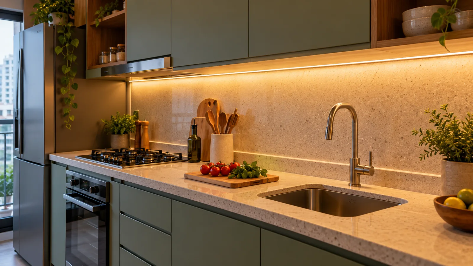 5 detalhes que fazem uma cozinha pequena parecer muito mais bem planejada 1 Cozinha pequena com armários verde-oliva, iluminação LED sob os armários superiores e bancada clara com pia e utensílios.