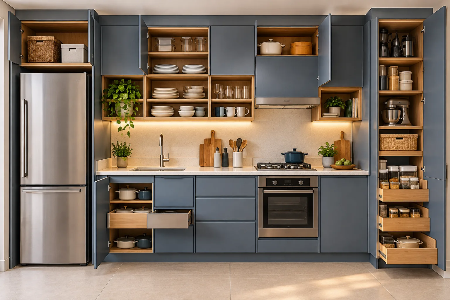5 escolhas de cozinha planejada que podem complicar sua rotina 1 Elevação de cozinha planejada com armários altos e organização de utensílios conforme frequência de uso.