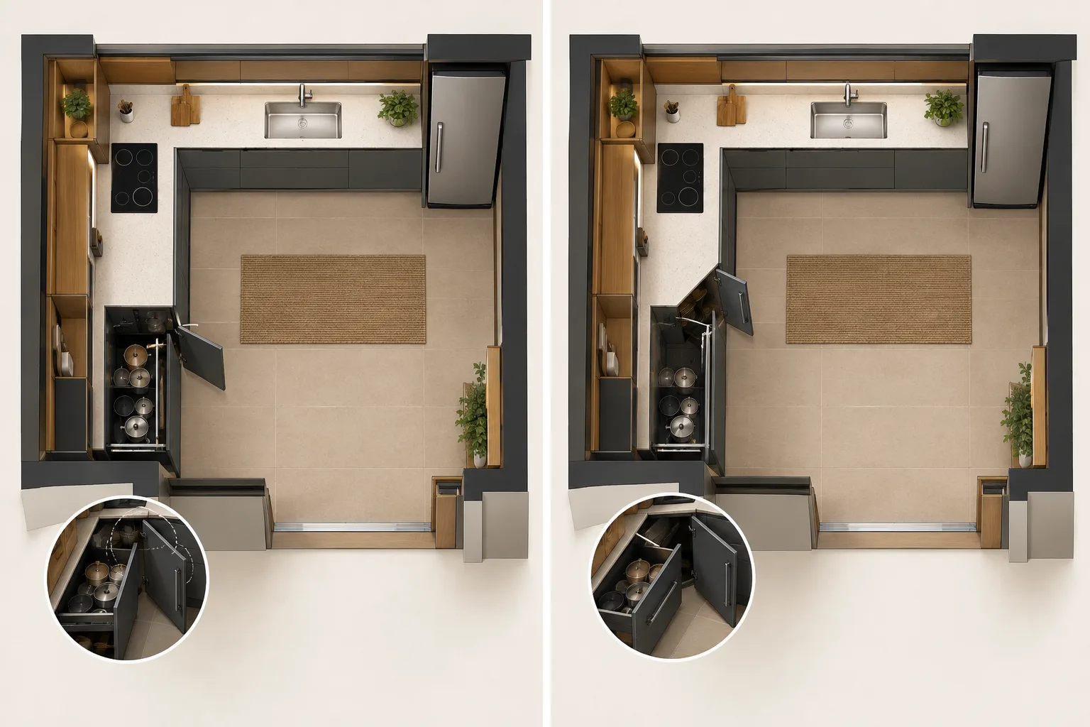 5 escolhas de cozinha planejada que podem complicar sua rotina 3 Planta comparativa de cozinha em L com conflito entre gaveta e porta de canto e alternativa de abertura funcional.