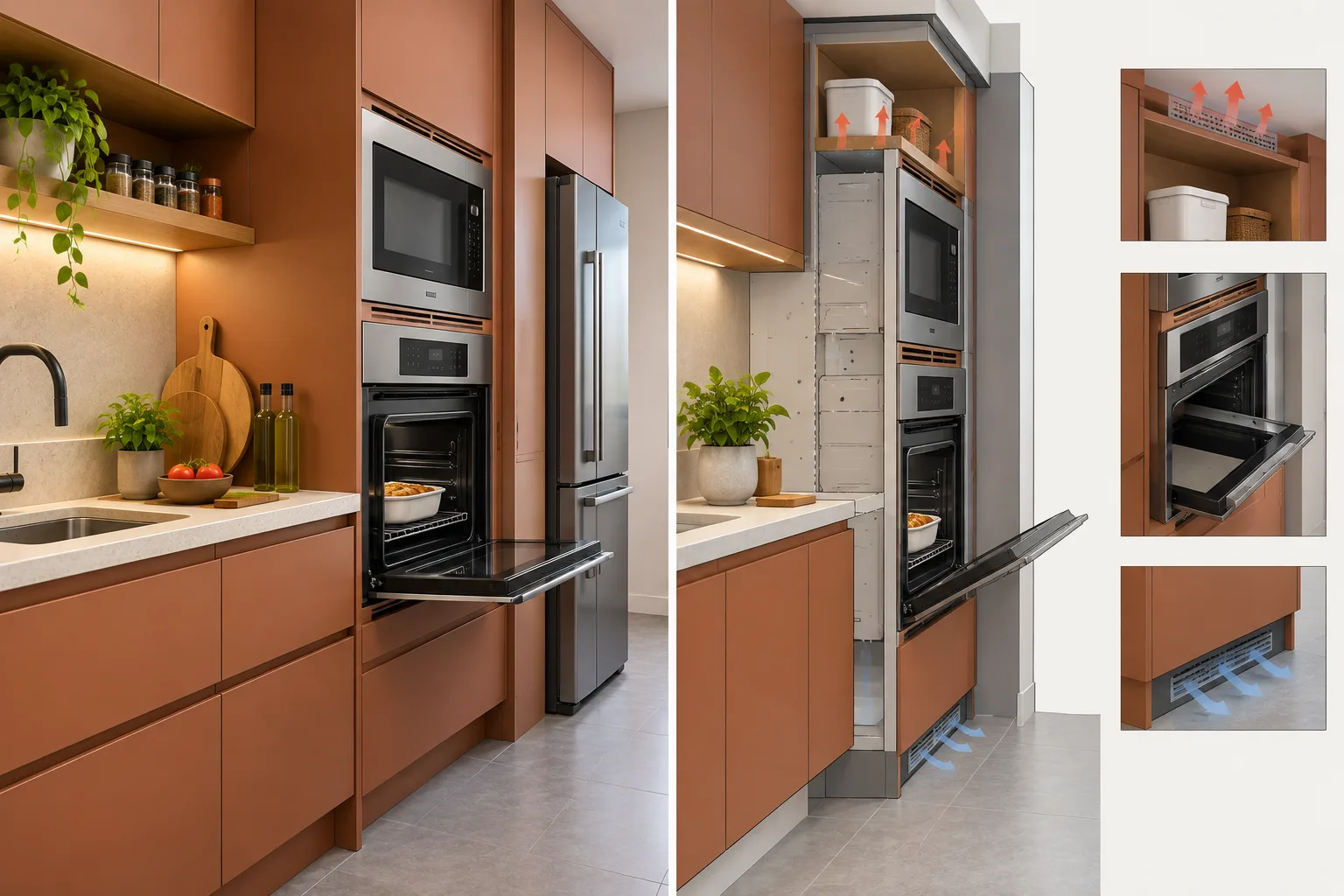 5 escolhas de cozinha planejada que podem complicar sua rotina 2 Corte técnico conceitual de torre com forno e micro-ondas embutidos, mostrando acesso e bancada de apoio.