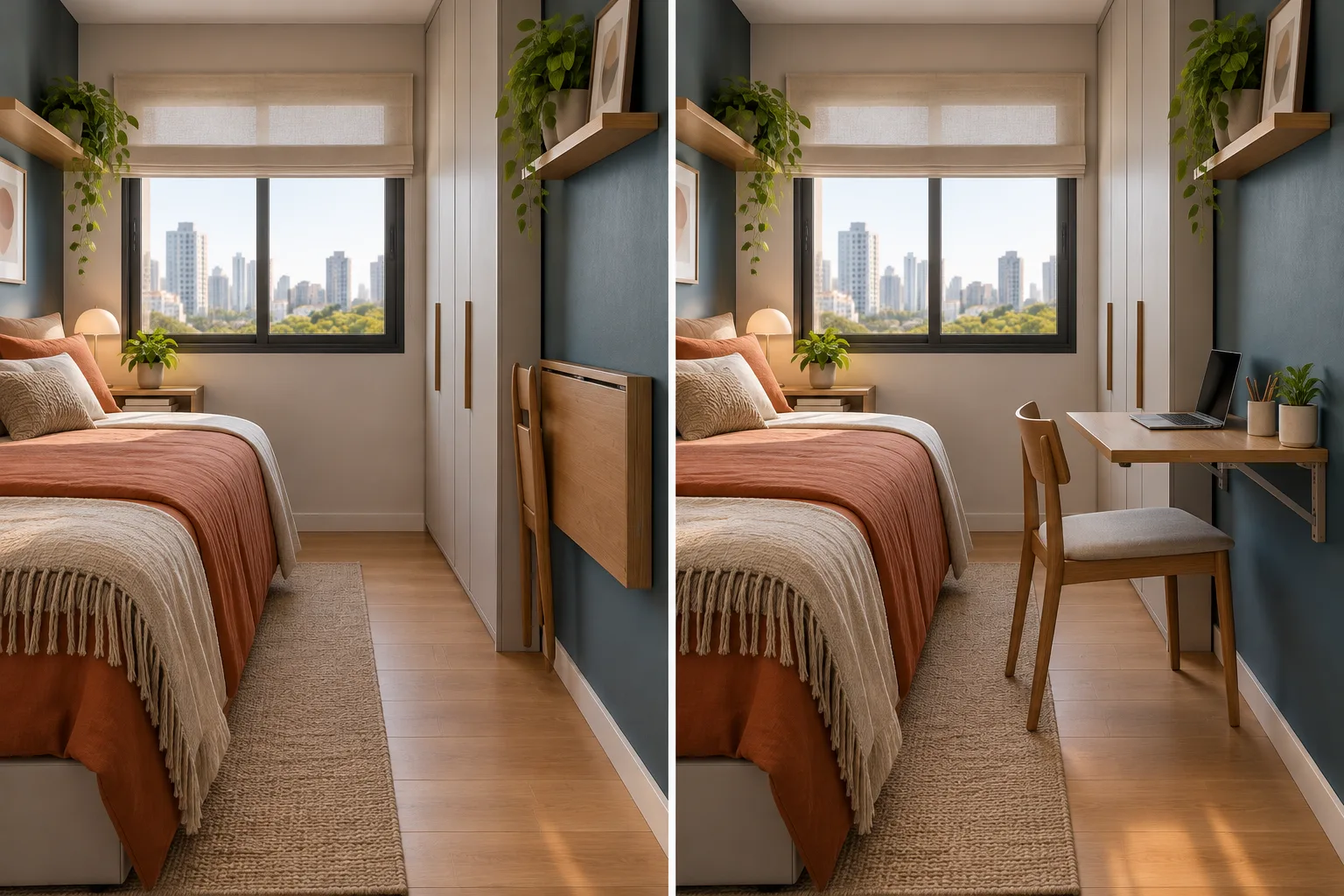 5 ideias para ganhar espaço no quarto que podem acabar atrapalhando a circulação 4 Comparação de escrivaninha dobrável fechada e aberta com cadeira em quarto pequeno.