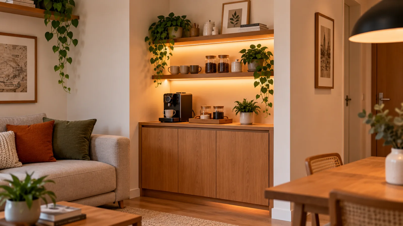 Estação de café em nicho da sala com bancada de madeira, cafeteira preta, xícaras, prateleiras iluminadas e plantas