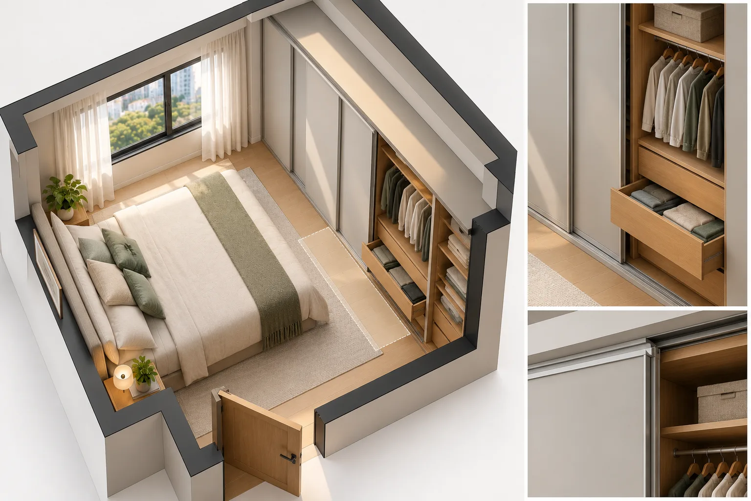 5 ideias para ganhar espaço no quarto que podem acabar atrapalhando a circulação 2 Axonométrica de guarda-roupa de correr com gaveta interna aberta e espaço reduzido diante da cama.