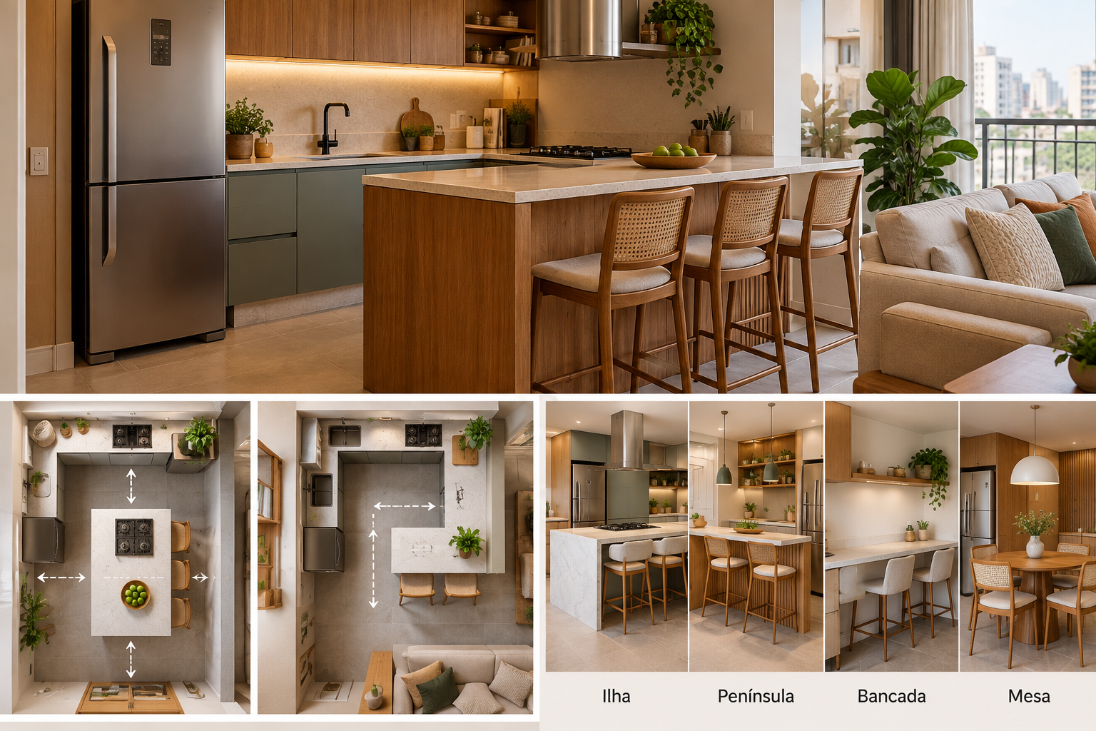 A ilha de cozinha virou sonho de apartamento — mas nem sempre ela é a melhor escolha 3 A ilha exige circulação em mais lados; a península pode liberar parte desse espaço ao se conectar à bancada ou à parede.