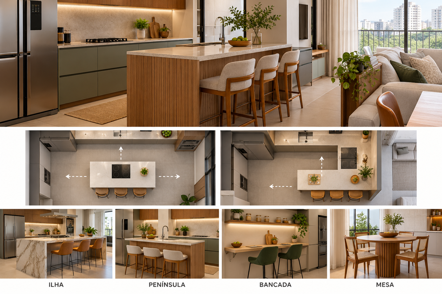 A ilha de cozinha virou sonho de apartamento — mas nem sempre ela é a melhor escolha 2 Comparação de planta entre cozinha pequena com ilha central e cozinha com península conectada à bancada