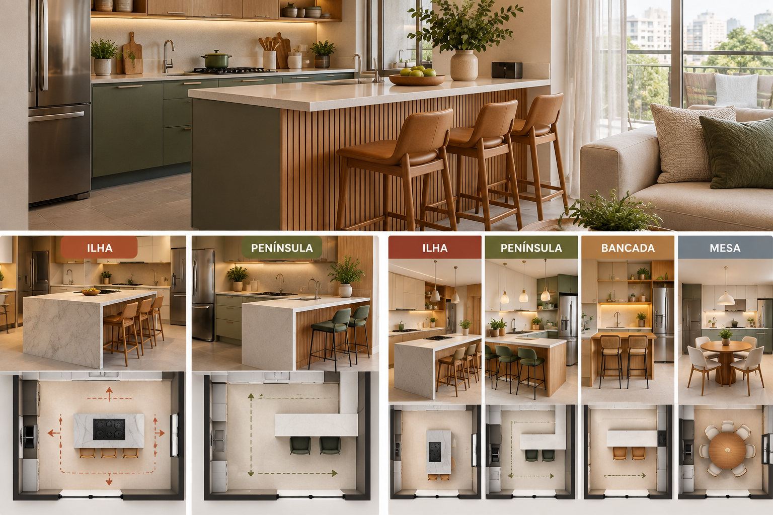 A ilha de cozinha virou sonho de apartamento — mas nem sempre ela é a melhor escolha 1 Comparação de planta entre cozinha pequena com ilha central e cozinha com península conectada à bancada