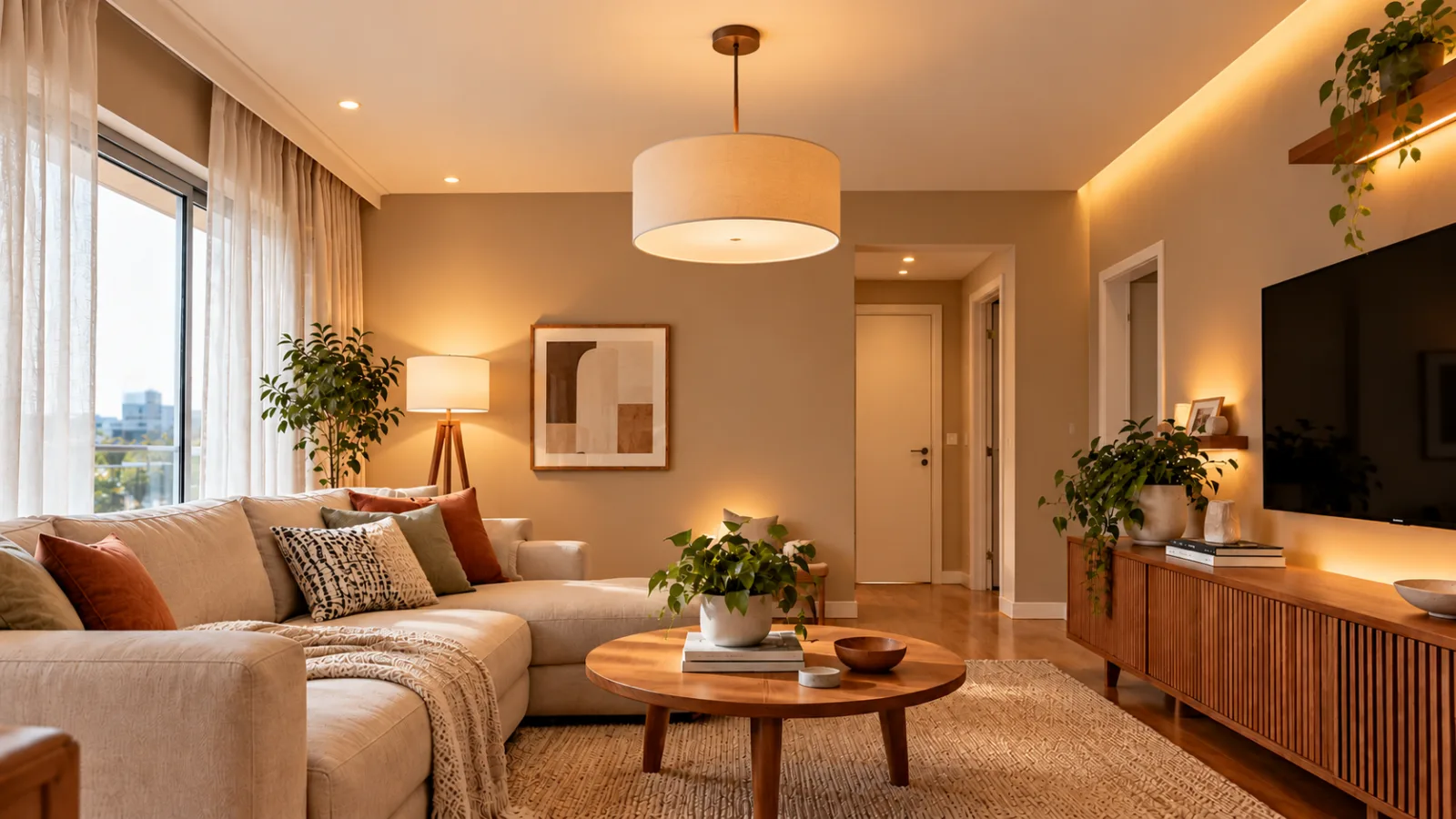 luminação em camadas e percepção de altura da sala Sala com pendente central, luminária de piso e iluminação indireta, mostrando diferentes pontos de luz próximos ao teto e às paredes.
