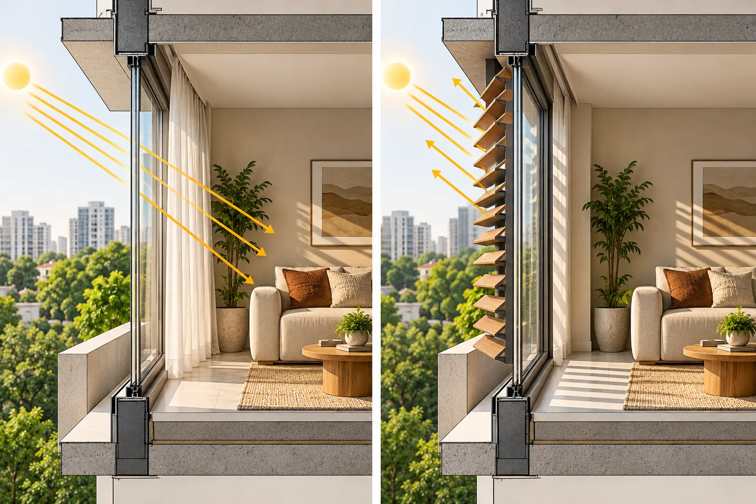 6 escolhas que parecem refrescar a casa, mas podem aumentar o calor 1 Corte comparativo de janela com cortina interna e janela com proteção solar externa