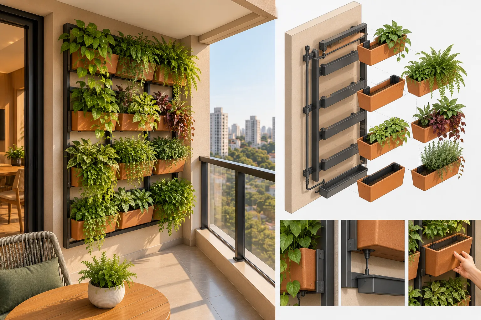 5 ideias de varanda gourmet que ficam lindas nas fotos, mas nem sempre funcionam em apartamentos 5 Axonométrica de jardim vertical modular em varanda de apartamento, com vasos removíveis e acesso para manutenção.