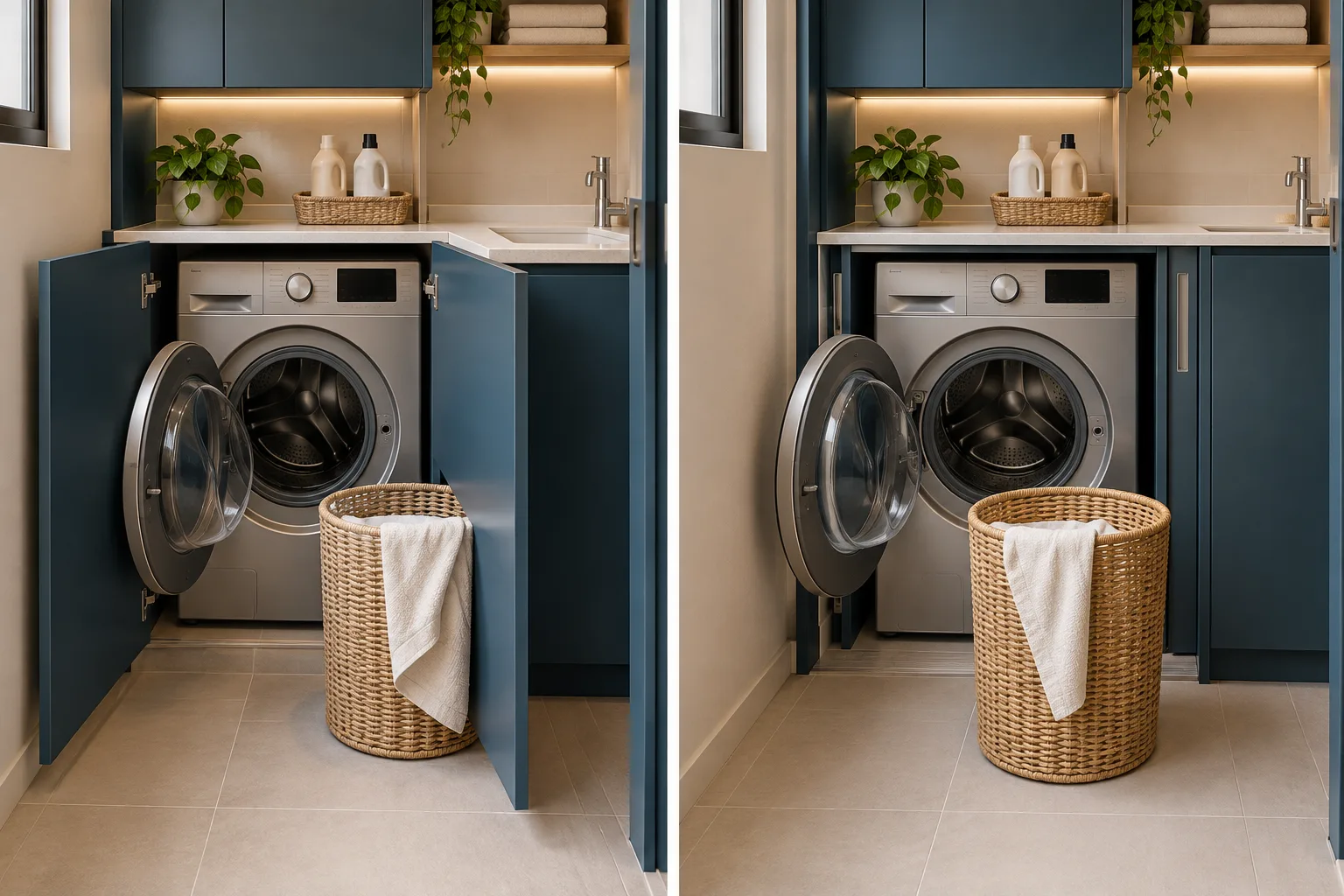 Comparação de lavanderia com portas interferindo na abertura da máquina e alternativa com acesso mais livre.