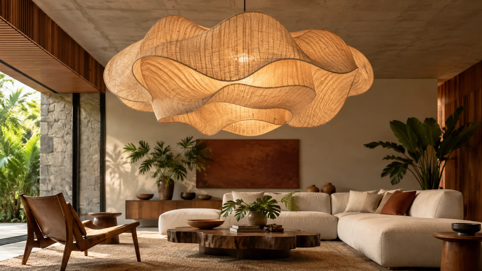 7 escolhas que parecem sofisticadas, mas podem deixar sua sala visualmente pesada 4 Luminária pendente escultórica de grande volume em sala de estar com móveis discretos e pé-direito convencional.