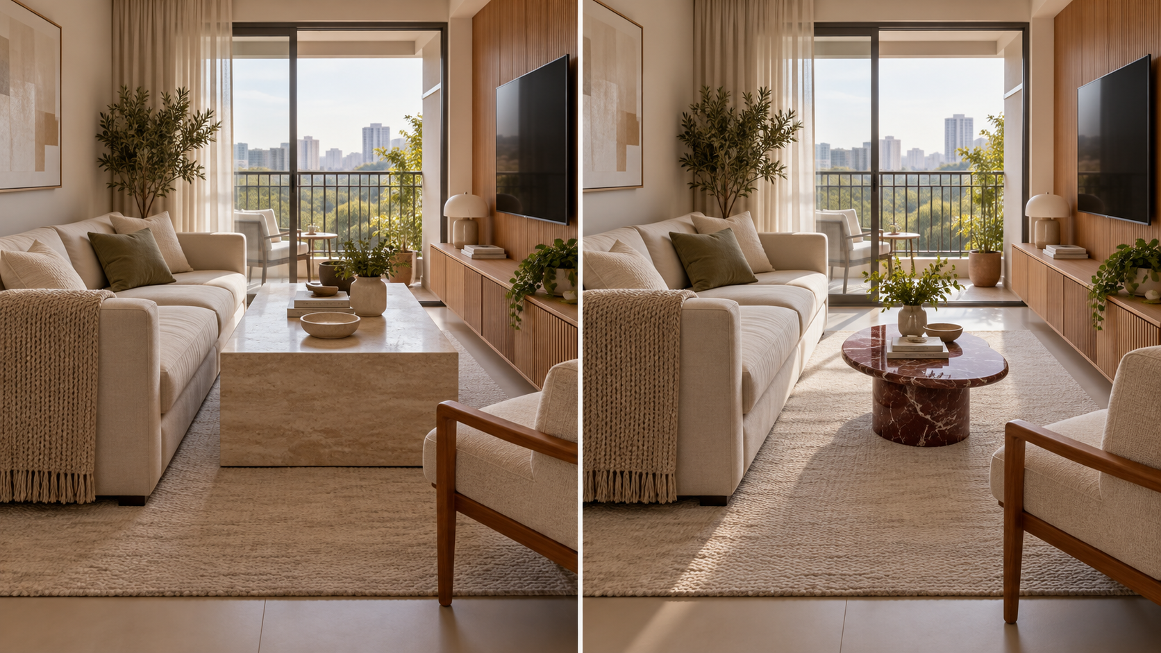 Comparação entre duas salas pequenas: uma com mesa de centro grande que reduz a circulação e outra com mesa menor arredondada de pedra vinho, deixando mais espaço livre.