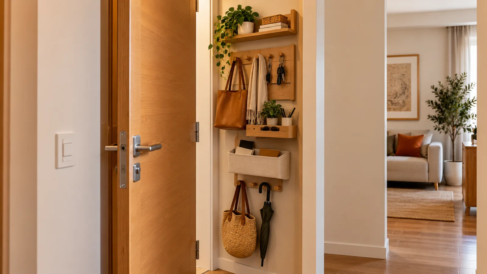 Entrada de apartamento com porta de madeira aberta e organizador vertical com bolsas, chaves, prateleiras e acessórios.