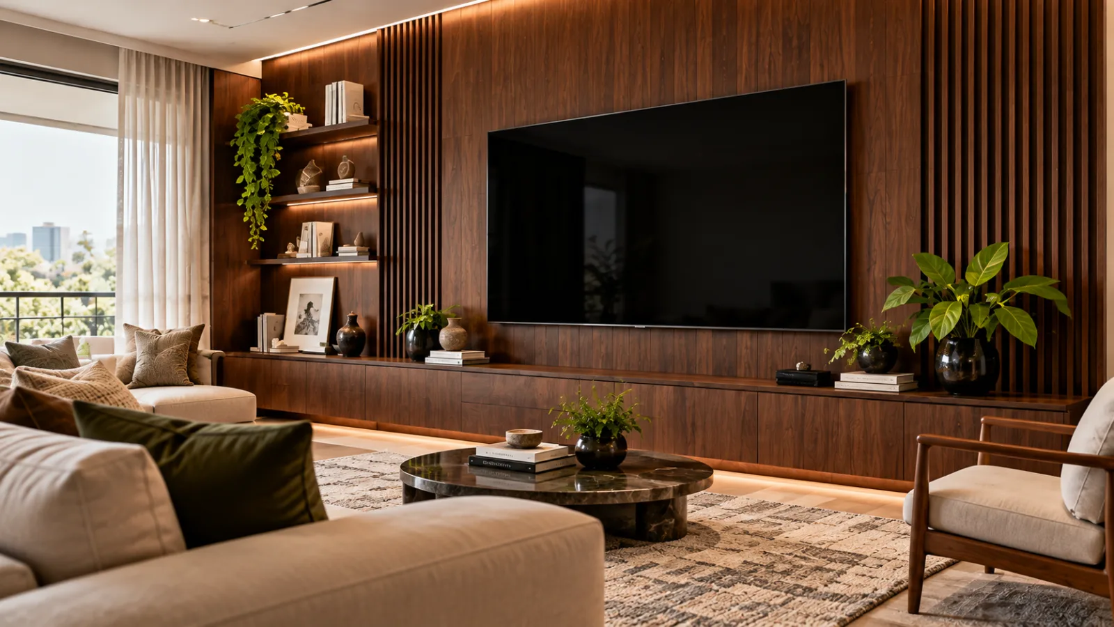 7 escolhas que parecem sofisticadas, mas podem deixar sua sala visualmente pesada 1 Painel de TV grande em madeira escura ocupando a parede de uma sala contemporânea com decoração neutra.