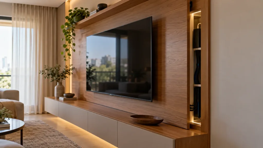 Um painel de TV pode integrar os equipamentos à decoração e prever compartimentos acessíveis para organizar suas conexões. Painel de madeira com televisão suspensa e compartimento lateral aberto mostrando cabos e equipamentos eletrônicos organizados.