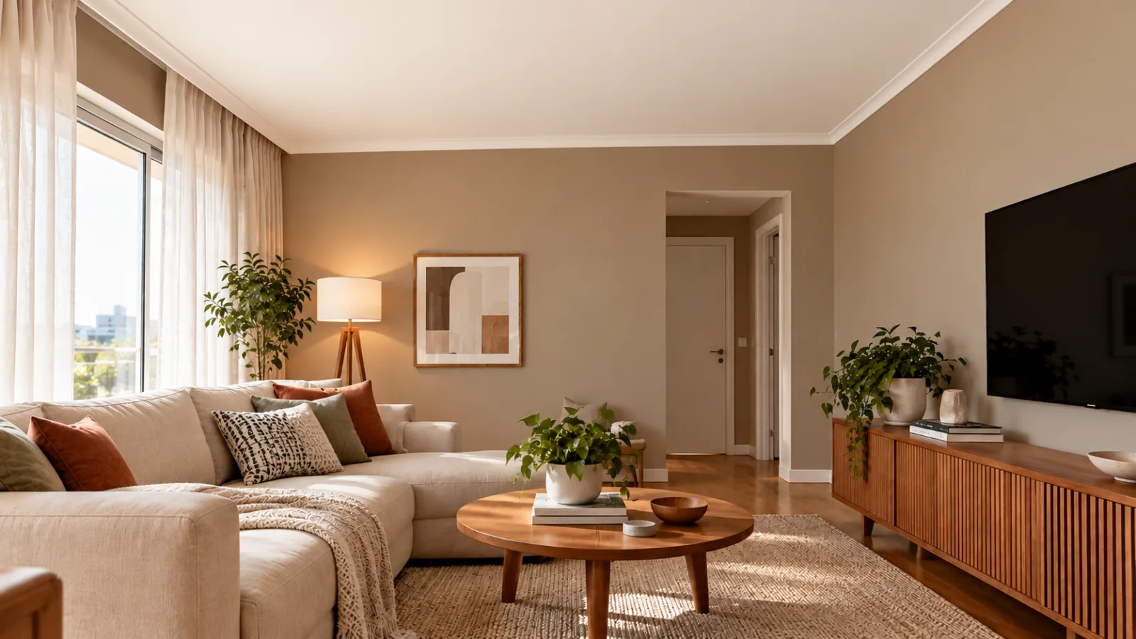 A parede é clara, mas o teto parece baixo? Veja 3 combinações de cores que podem mudar esta sensação 4 Sala de estar com paredes em bege médio, teto branco suave e iluminação natural lateral, mostrando o contraste entre as superfícies.