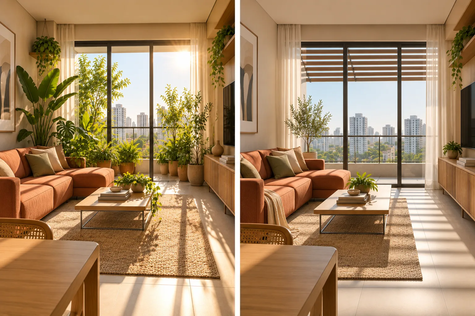6 escolhas que parecem refrescar a casa, mas podem aumentar o calor 5 Comparação de piso de porcelanato sombreado e exposto ao sol direto em ambiente residencial.