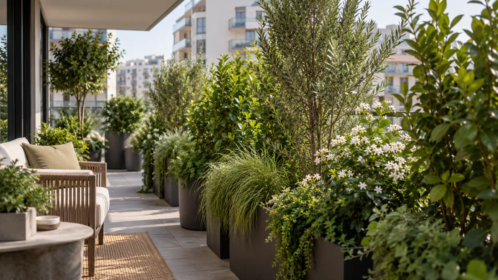 Vasos com plantas de diferentes alturas formando proteção visual em varanda de apartamento.