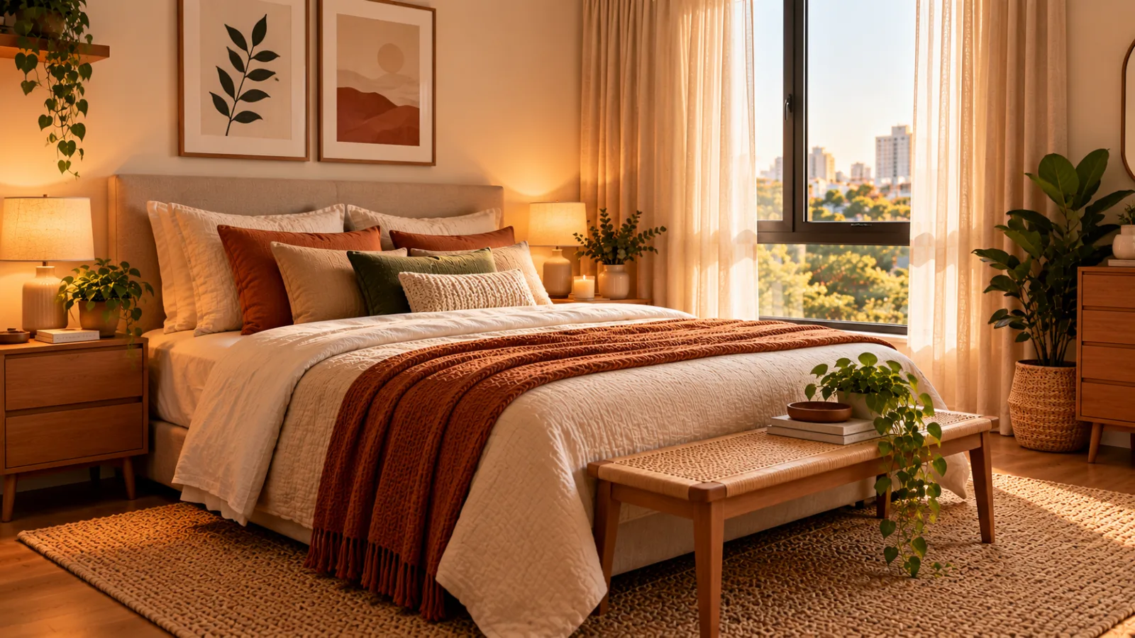 Quarto aconchegante com cama de casal, manta terracota, almofadas, abajures acesos, móveis de madeira e cortinas claras.