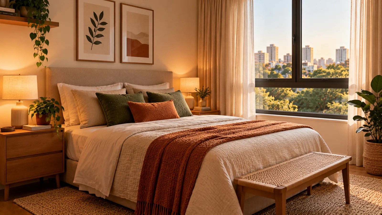 Quarto aconchegante com dois abajures acesos, cama com manta terracota, almofadas verdes e cortinas claras junto à janela.