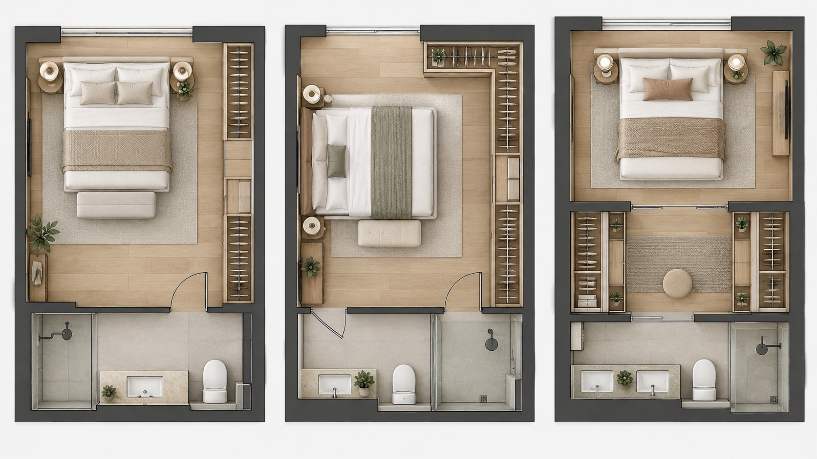 Quarto de casal com closet e suíte: medidas, layouts e ideias que funcionam 2 Três plantas ilustrativas de quarto de casal com suíte, mostrando armário linear, closet em L e closet de passagem entre o dormitório e o banheiro.