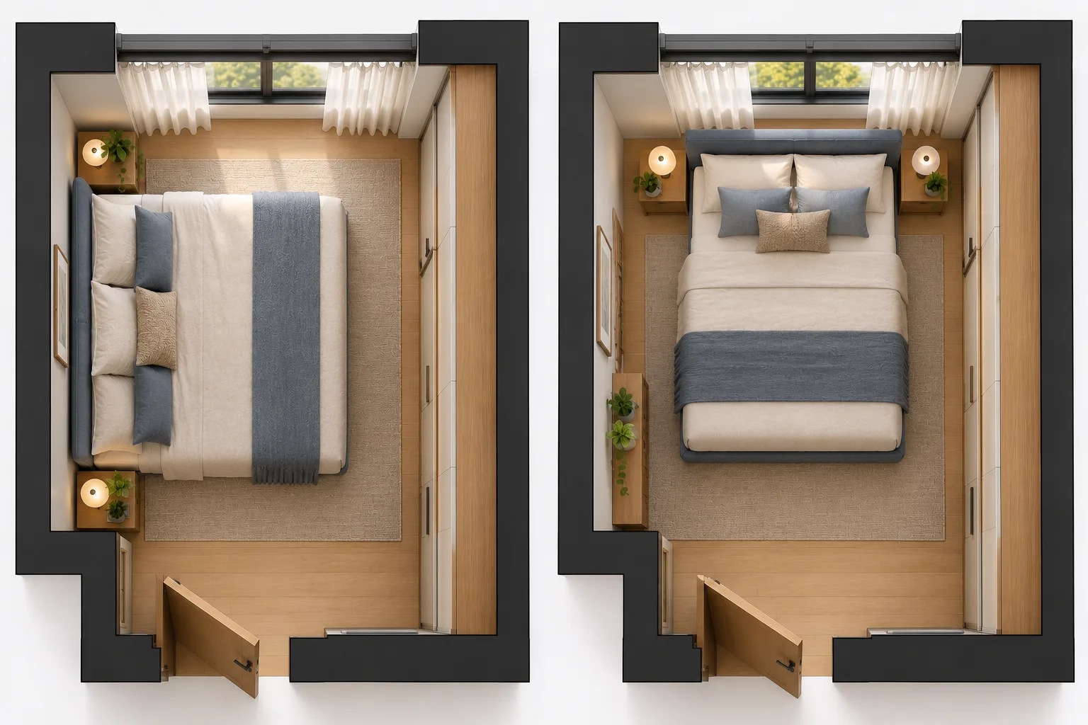 5 ideias para ganhar espaço no quarto que podem acabar atrapalhando a circulação 3 Comparação em planta de quarto de casal com cama encostada na parede e cama com acesso pelos dois lados.