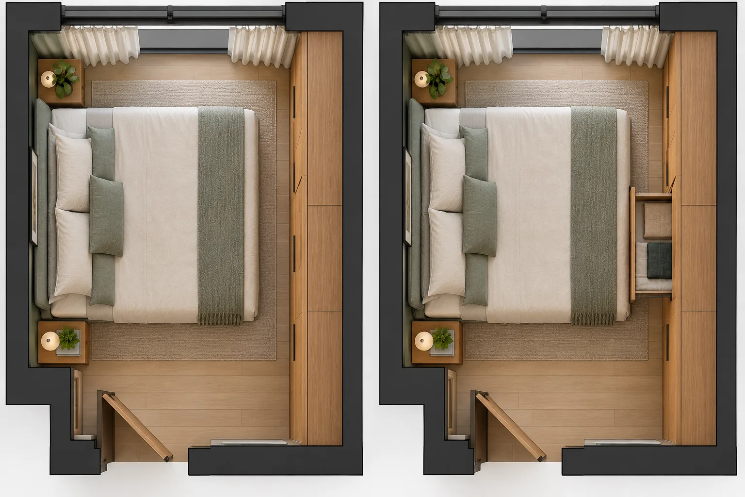 5 ideias para ganhar espaço no quarto que podem acabar atrapalhando a circulação 1 Planta comparativa de quarto pequeno mostrando a passagem com a gaveta da cama fechada e aberta.