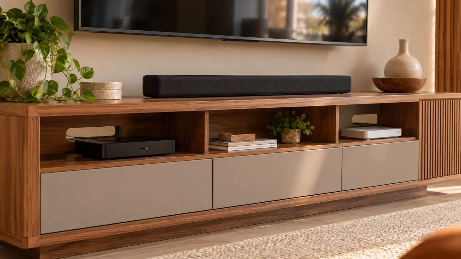 Um rack com espaços próprios para equipamentos e passagem de cabos facilita a organização e ajuda a manter as conexões fora do campo visual. Rack de madeira com nichos para aparelhos eletrônicos, soundbar preta e compartimentos inferiores, instalado abaixo de televisão suspensa.