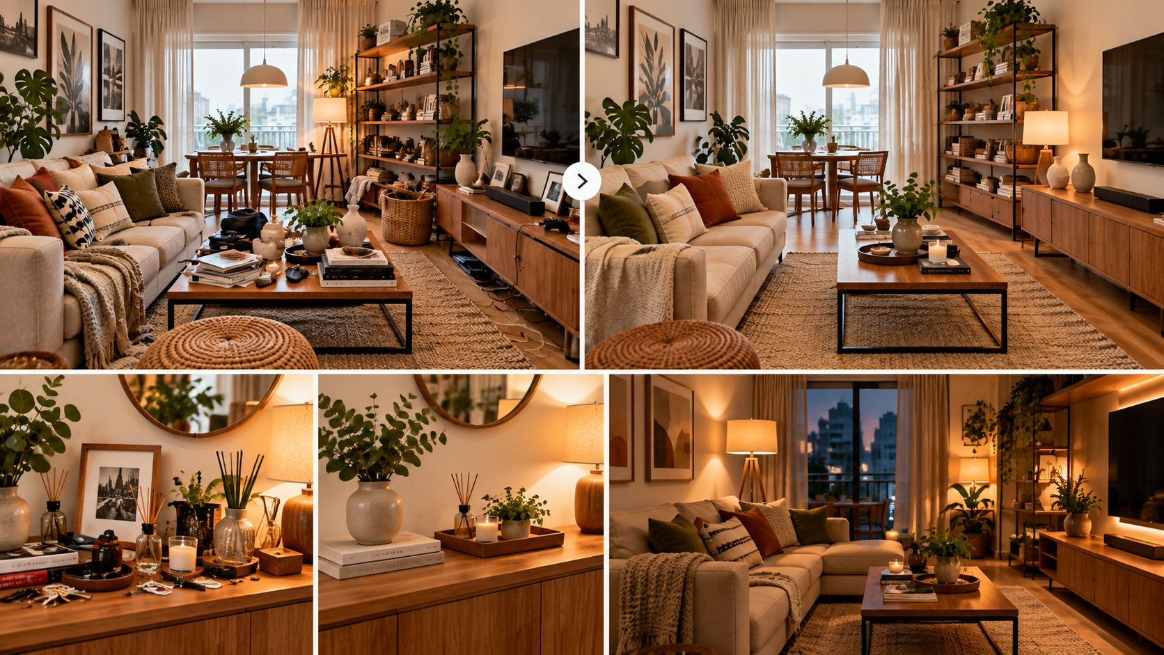 7 Coisas que Criam Ruído Visual na Decoração — Mesmo com a Casa Arrumada 1 Comparação de sala com excesso de objetos e a mesma sala com decoração visualmente organizada