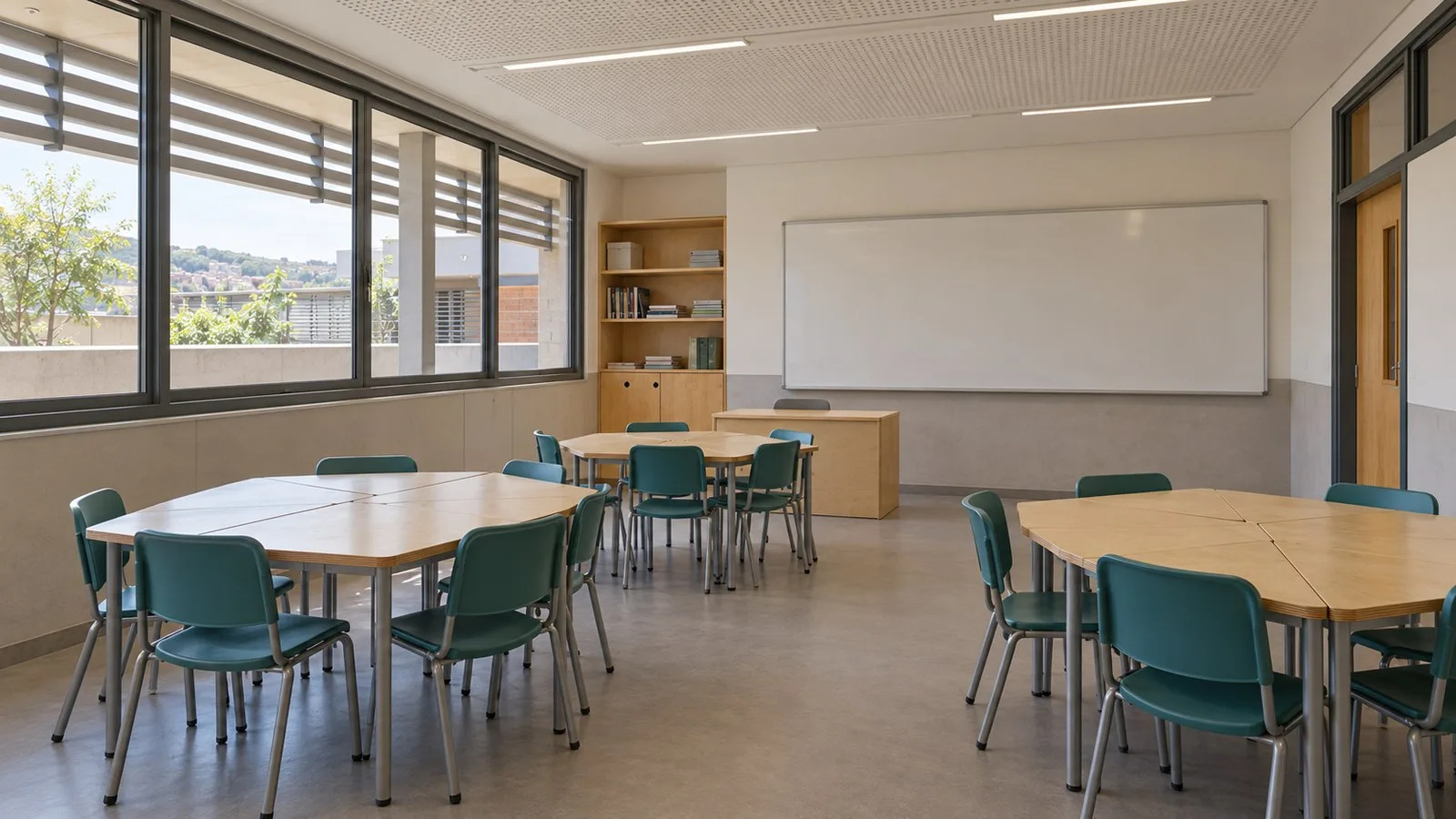 Arquitetura escolar: como planejar espaços de ensino 2 Sala de aula vazia com mesas agrupadas, cadeiras verdes, quadro e janelas laterais protegidas do sol.