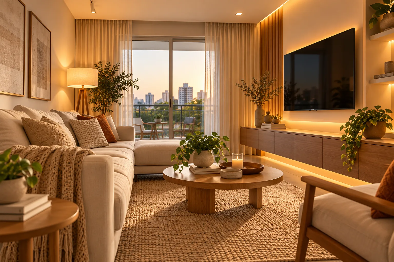 Sala de estar clara com abajur de piso, iluminação indireta no painel de TV, sofá bege, móveis de madeira e luz quente.