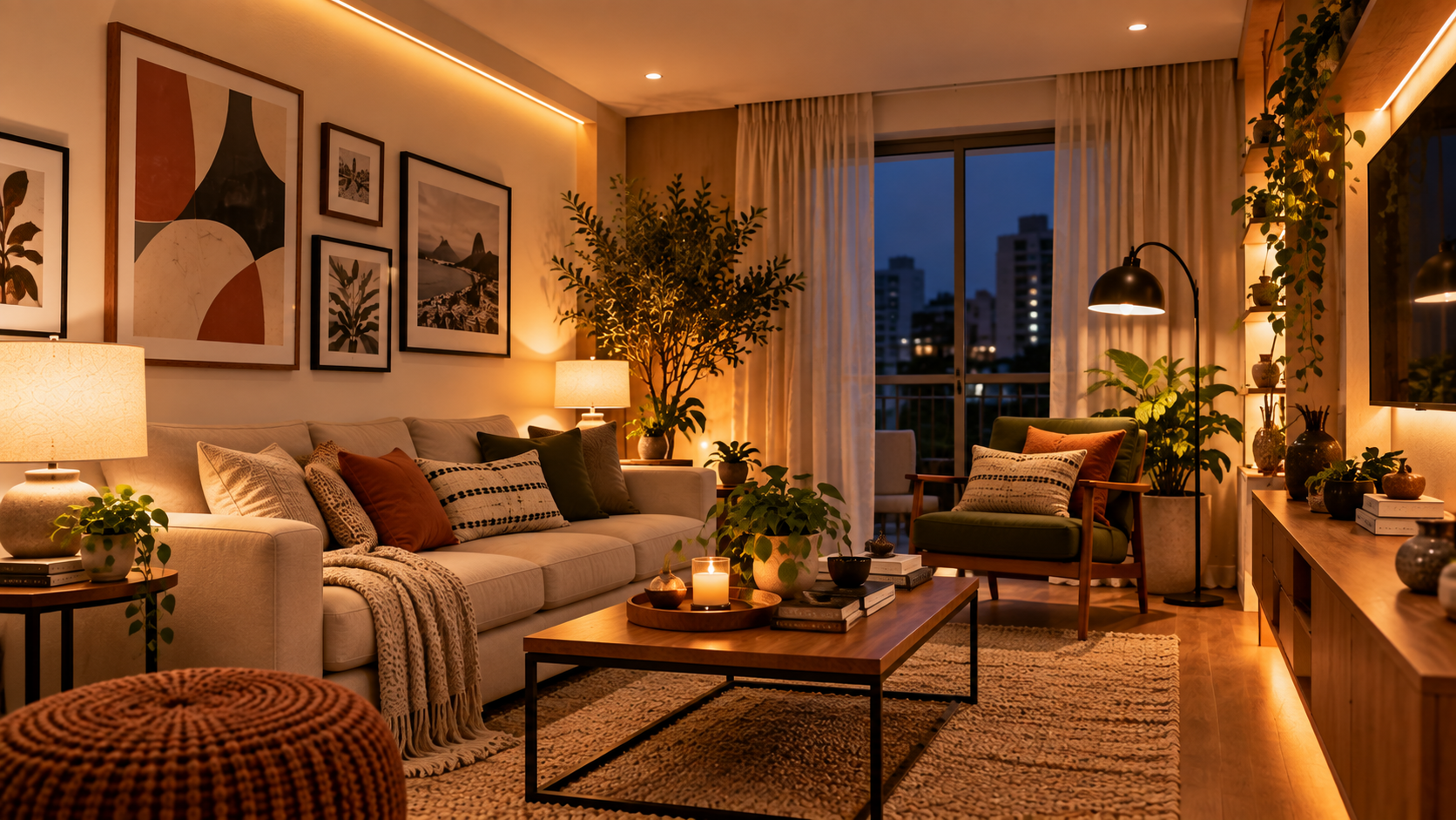 7 Coisas que Criam Ruído Visual na Decoração — Mesmo com a Casa Arrumada 3 Sala com iluminação em camadas usando abajur, luminária de piso e luz indiretaSala com iluminação em camadas usando abajur, luminária de piso e luz indireta