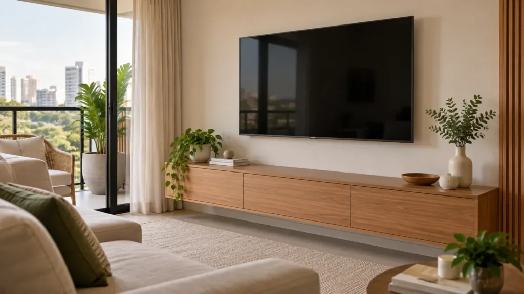 Sala de estar contemporânea com televisão suspensa, rack de madeira clara, sofá bege e fios da TV sem aparecer na parede.