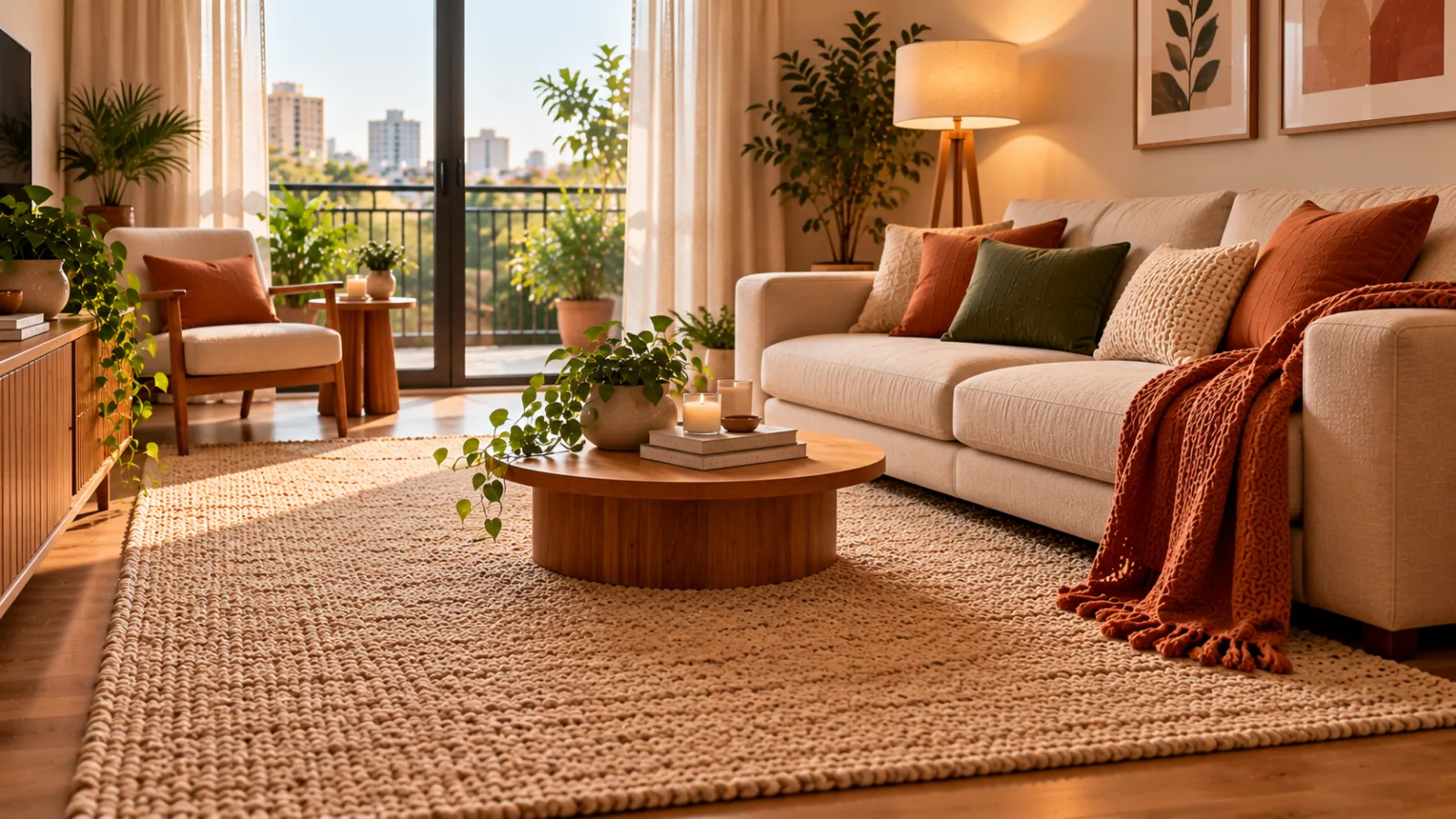 Sala de apartamento com tapete grande bege, sofá claro com almofadas terracota e verdes, mesa de centro de madeira e poltrona junto à varanda.