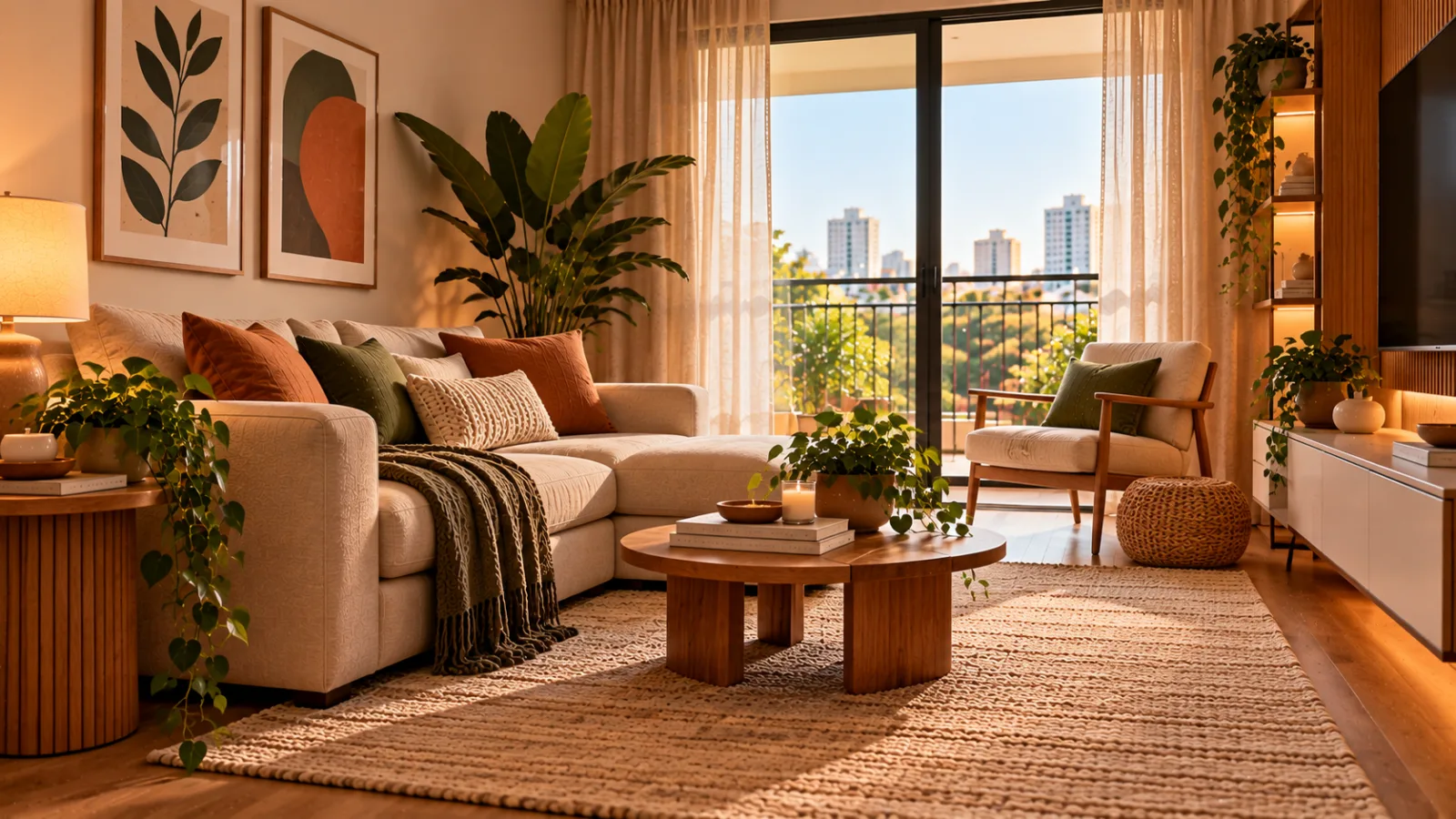 Sala de apartamento com tapete grande bege, sofá claro com almofadas terracota e verdes, mesa de centro de madeira e poltrona junto à varanda.
