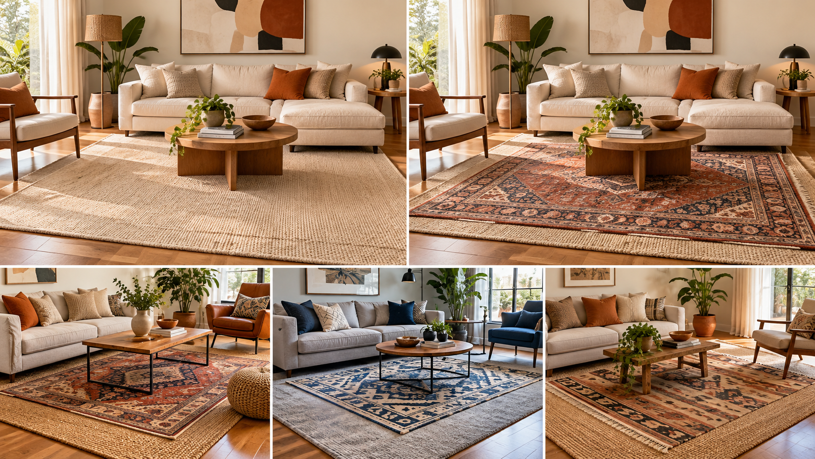 Um tapete sobre o outro? A ideia que parecia errada está mudando a decoração das salas 2 Sala contemporânea com sofá claro, mesa de centro de madeira e tapete vintage com desenhos em terracota e azul sobre tapete maior de fibra natural.