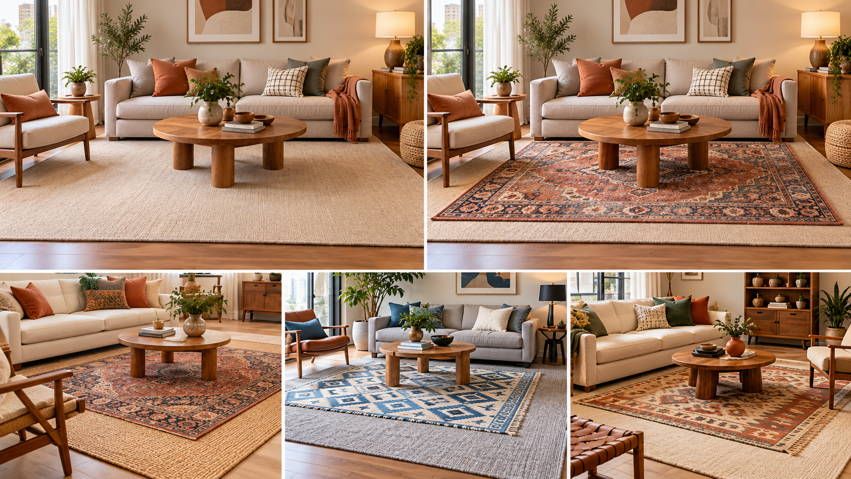 Um tapete sobre o outro? A ideia que parecia errada está mudando a decoração das salas 3 Comparação da mesma sala com tapete bege de fibra natural e com tapete vintage estampado em terracota e azul sobreposto à base neutra.
