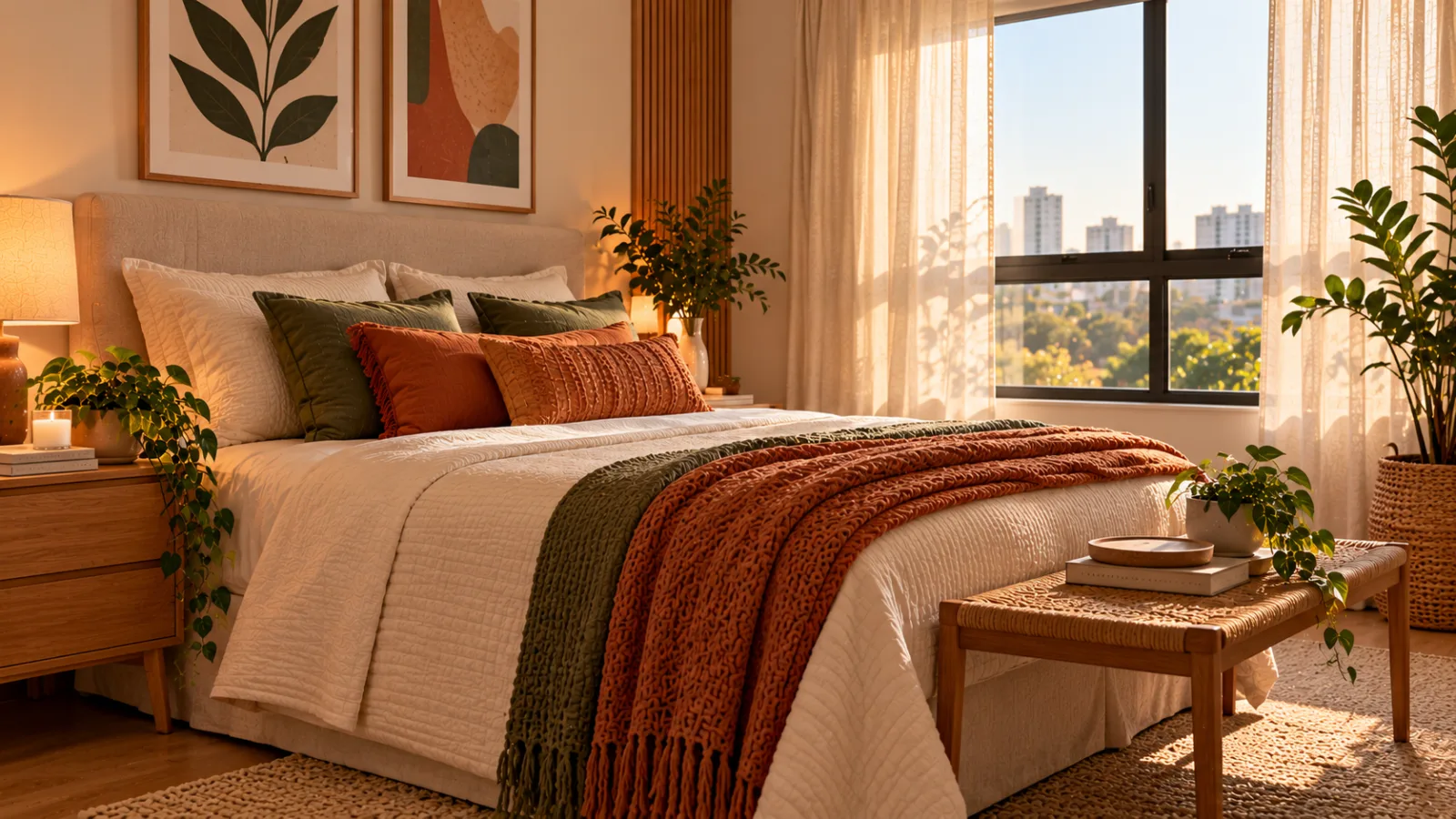 Quarto com cama de casal, almofadas verdes e terracota, mantas de tricô, cortinas claras e banco de madeira aos pés da cama.