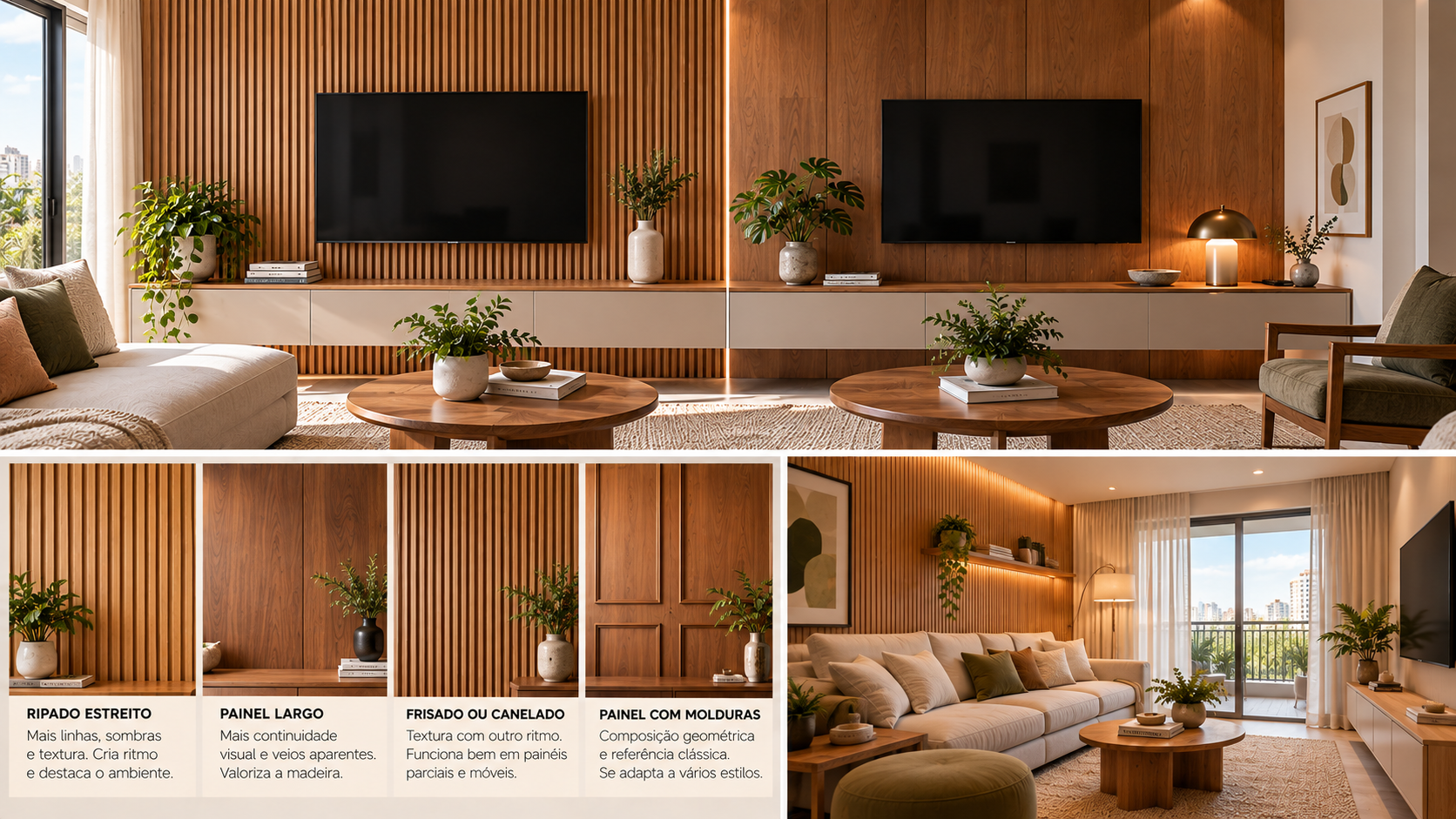 O painel ripado cansou? A madeira está voltando às paredes de outro jeito 1 Comparação de quatro acabamentos para paredes: ripado estreito, painéis largos com veios aparentes, madeira frisada e painéis decorativos com molduras.