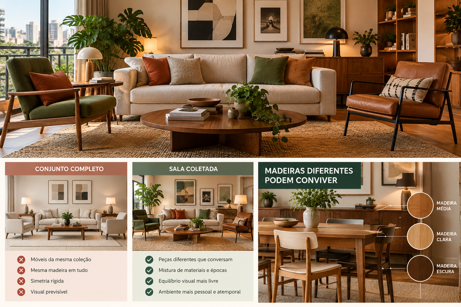 A casa toda combinadinha está perdendo espaço — agora o luxo é não parecer um conjunto 2 Sala com móveis em madeira clara, média e escura mostrando como diferentes tons podem conviver no mesmo ambiente
