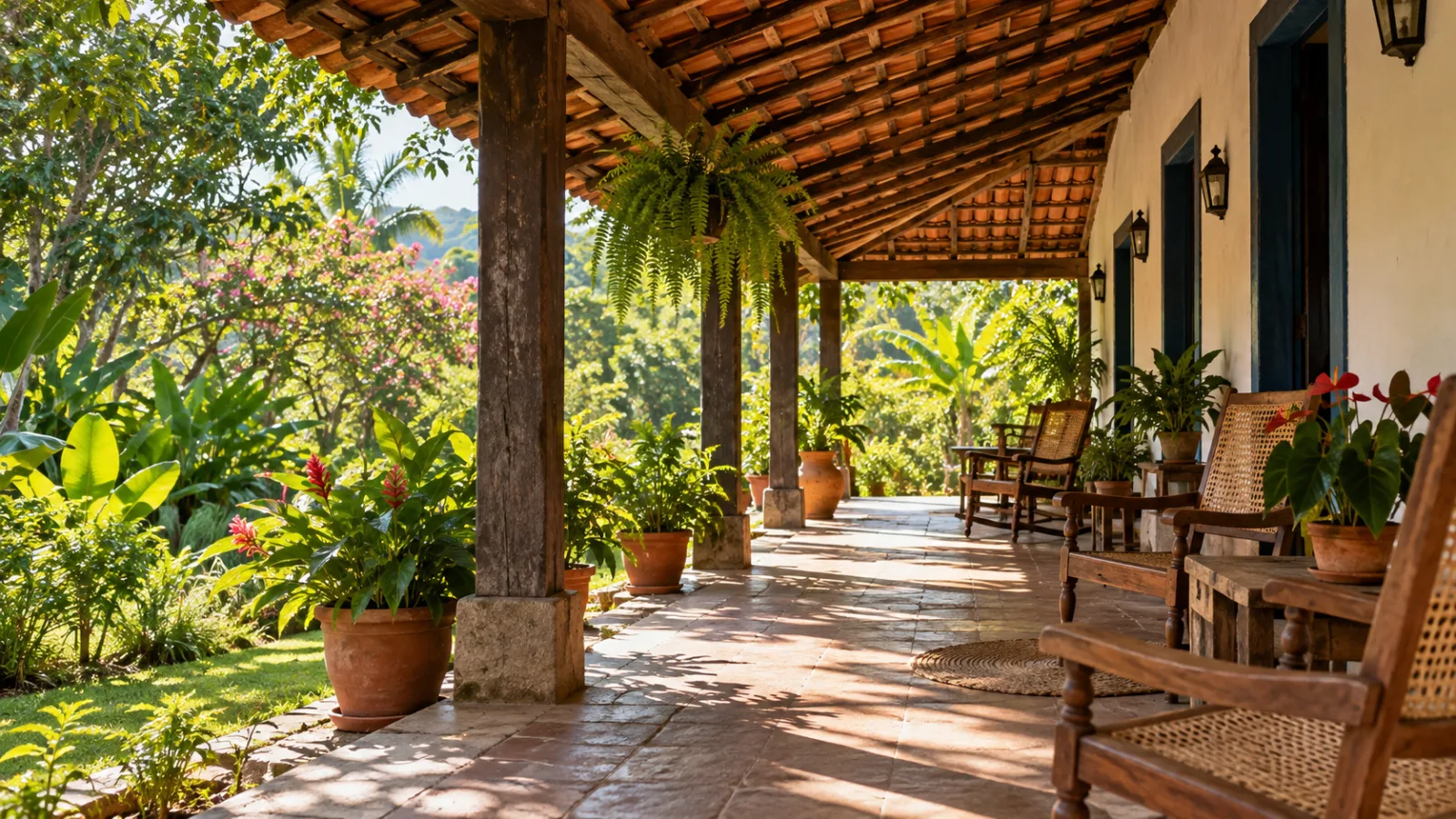 4 detalhes das casas antigas que fazem falta nos interiores de hoje 4 Alpendre de casa brasileira com cobertura de telhas, pilares de madeira e cadeiras junto ao jardim