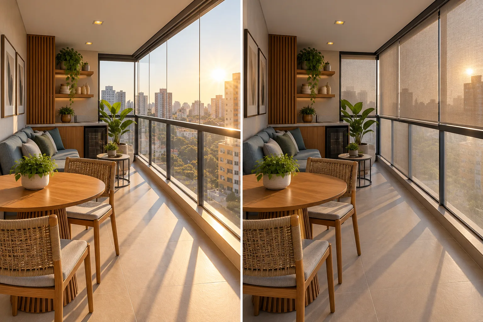 5 ideias de varanda gourmet que ficam lindas nas fotos, mas nem sempre funcionam em apartamentos 4 Comparação da mesma varanda envidraçada com incidência solar direta e com estratégia de sombreamento.