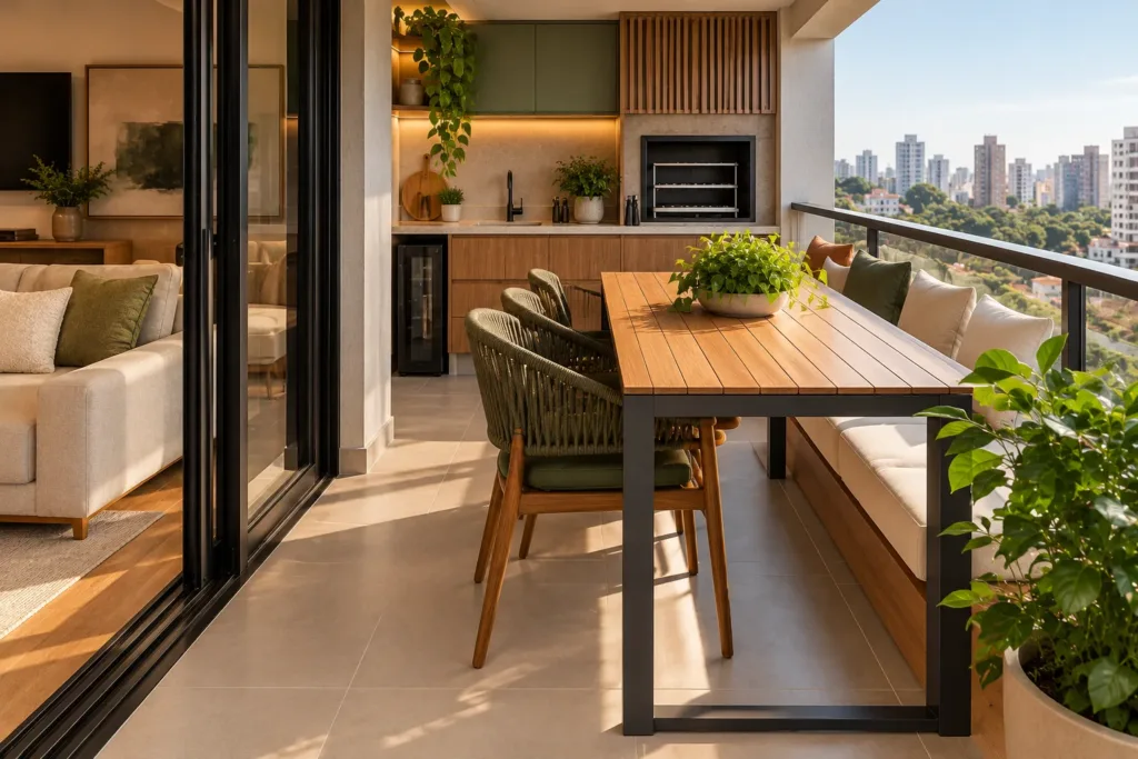 Varanda gourmet de apartamento com ilha e banquetas afastadas, mostrando pouco espaço de circulação.