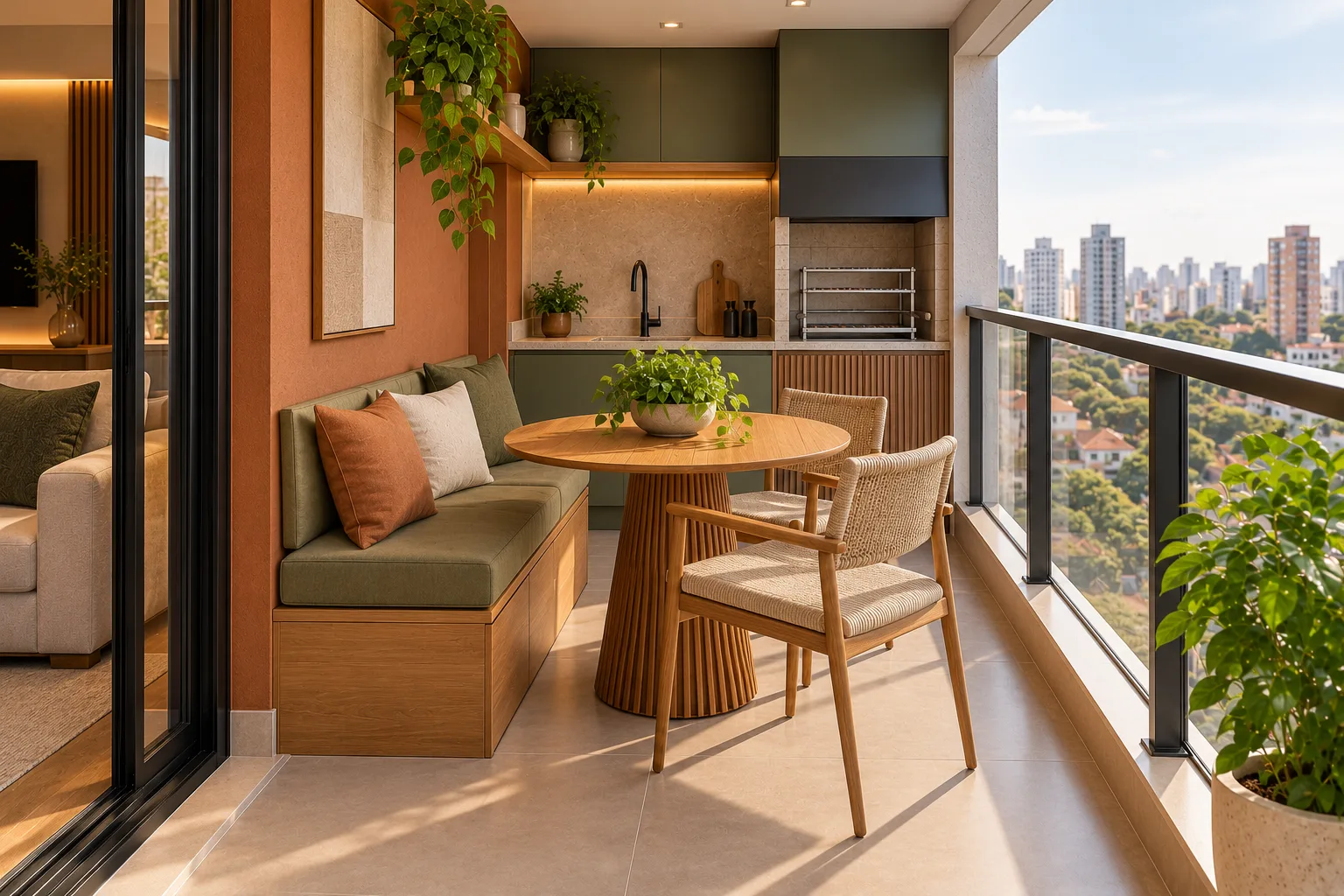 5 ideias de varanda gourmet que ficam lindas nas fotos, mas nem sempre funcionam em apartamentos 3 Varanda gourmet de apartamento com banco compacto, mesa e cadeiras móveis, preservando acesso aos assentos e à esquadria.