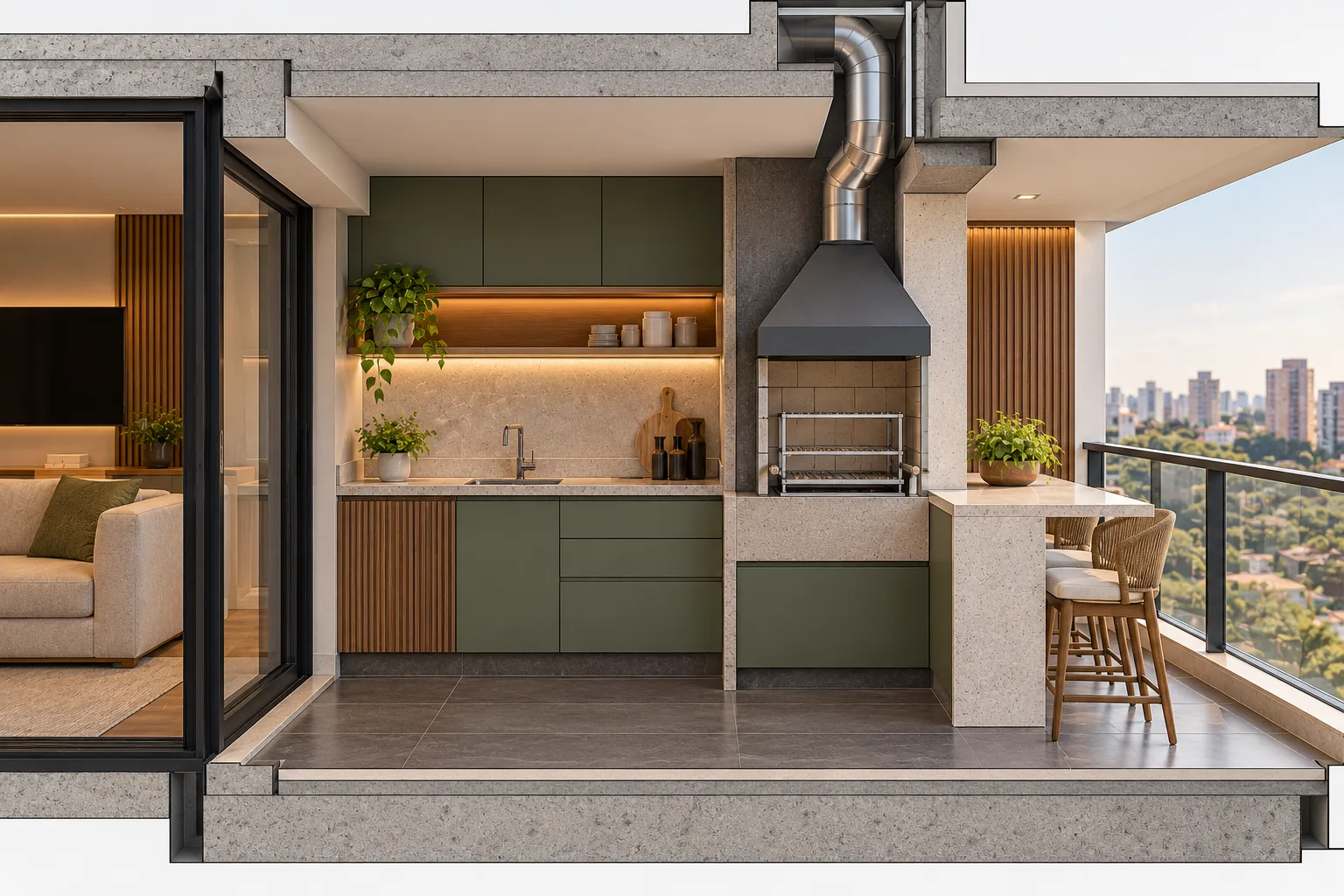 5 ideias de varanda gourmet que ficam lindas nas fotos, mas nem sempre funcionam em apartamentos 2 Corte arquitetônico conceitual de churrasqueira em varanda gourmet, com bancada, área de operação e sistema de exaustão a verificar.